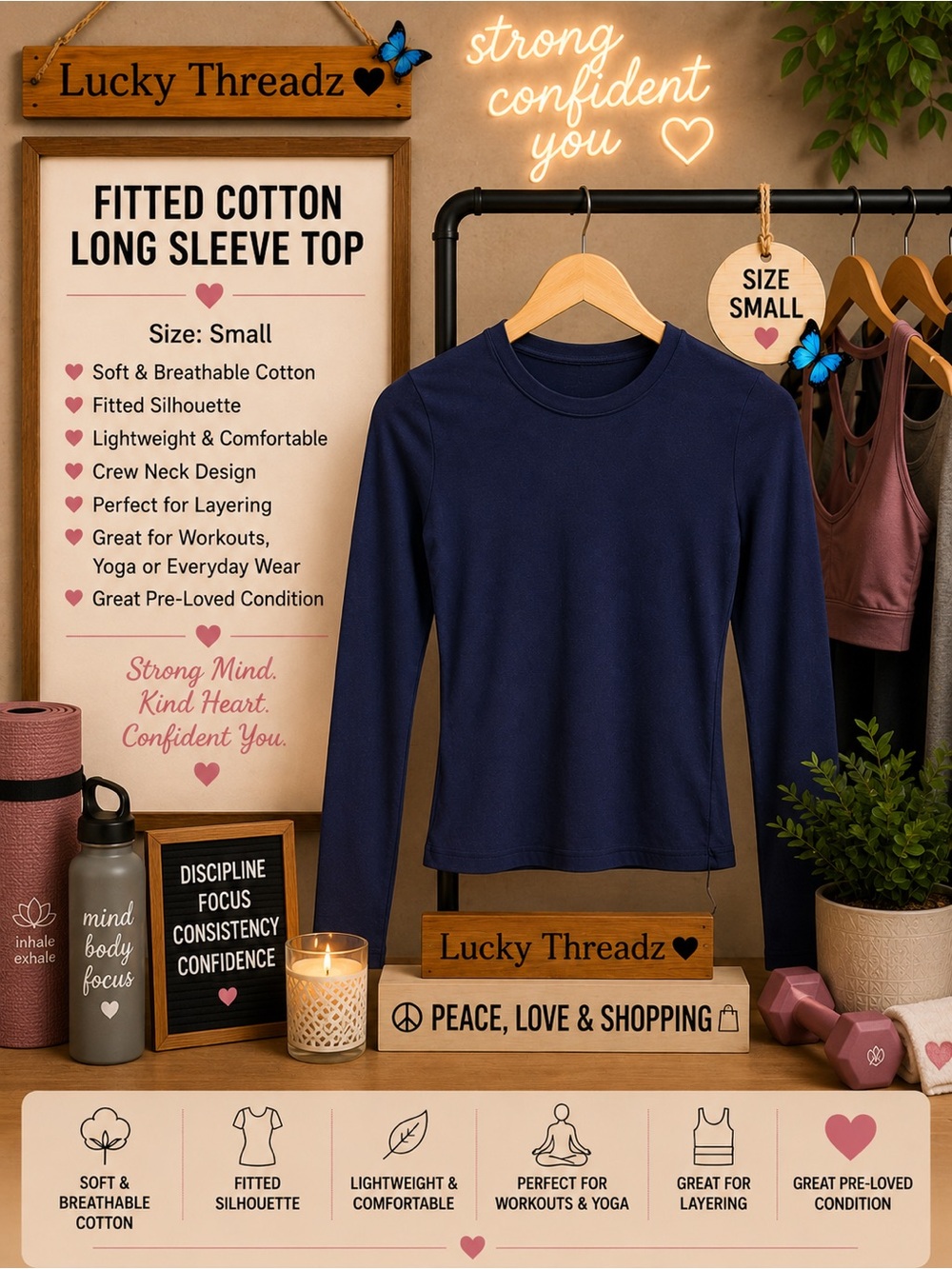 Lucky Threadz Navy Fitted Cotton Long Sleeve Top - Small